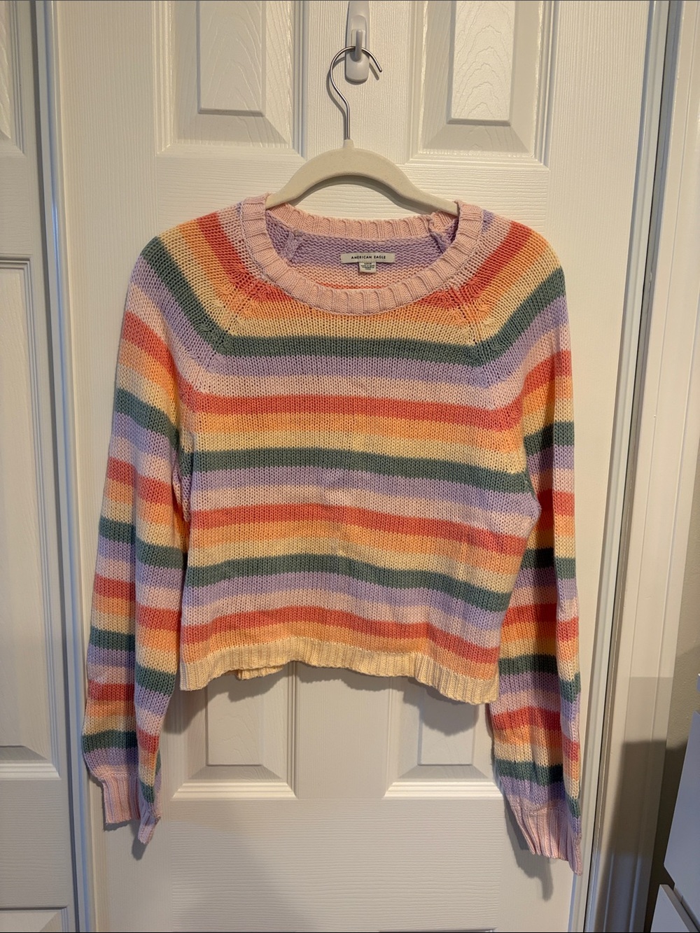 American Eagle Pastel Rainbow Stripe Knit Sweater - Multi